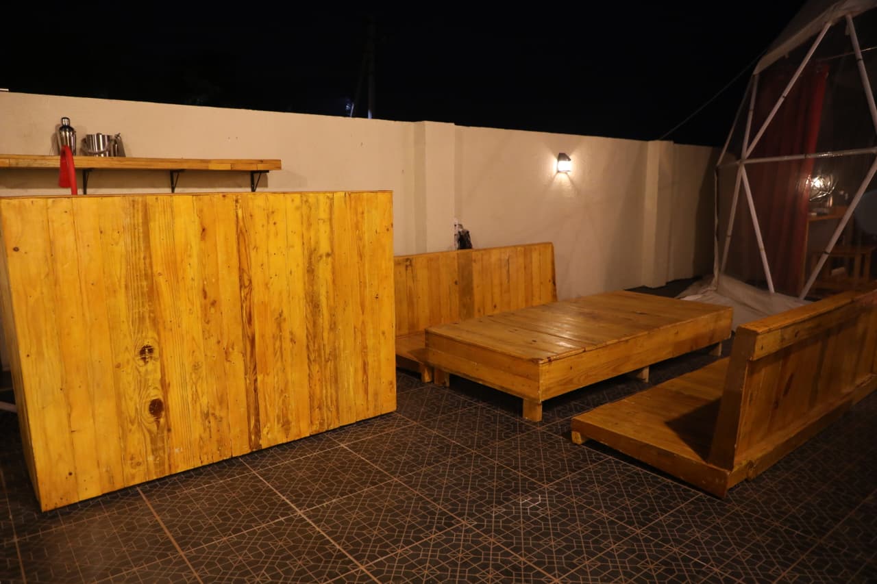 Wooden lounge area at night